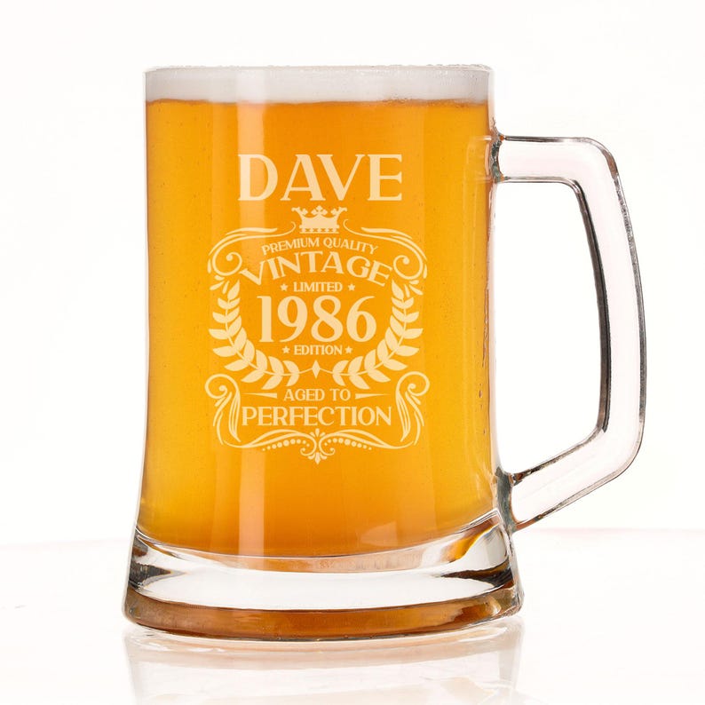 40th Birthday Vintage 1986 Engraved Beer Stein Glass Tankard Mug Aged to Perfection Personalised 40 Year Old Gifts Beer Glass With Handle image 19
