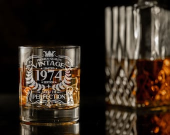 Vintage 1974 Engraved Whiskey Glass - 50th Birthday Aged to Perfection – 50 Year Old Gifts Bourbon Scotch Whisky Tumbler Glass & Coaster Set