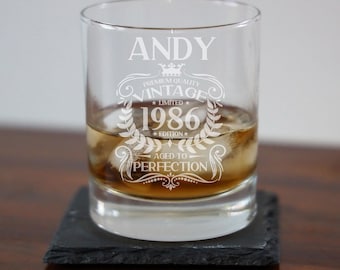 Personalised Vintage 1986 Engraved Whiskey Glass - 40th Birthday Aged to Perfection – 40 Year Old Gifts Bourbon Scotch Whisky Tumbler Gift
