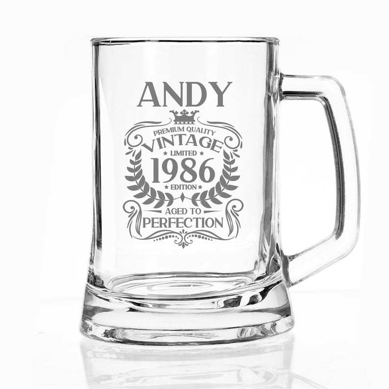 40th Birthday Vintage 1986 Engraved Beer Stein Glass Tankard Mug Aged to Perfection Personalised 40 Year Old Gifts Beer Glass With Handle image 16