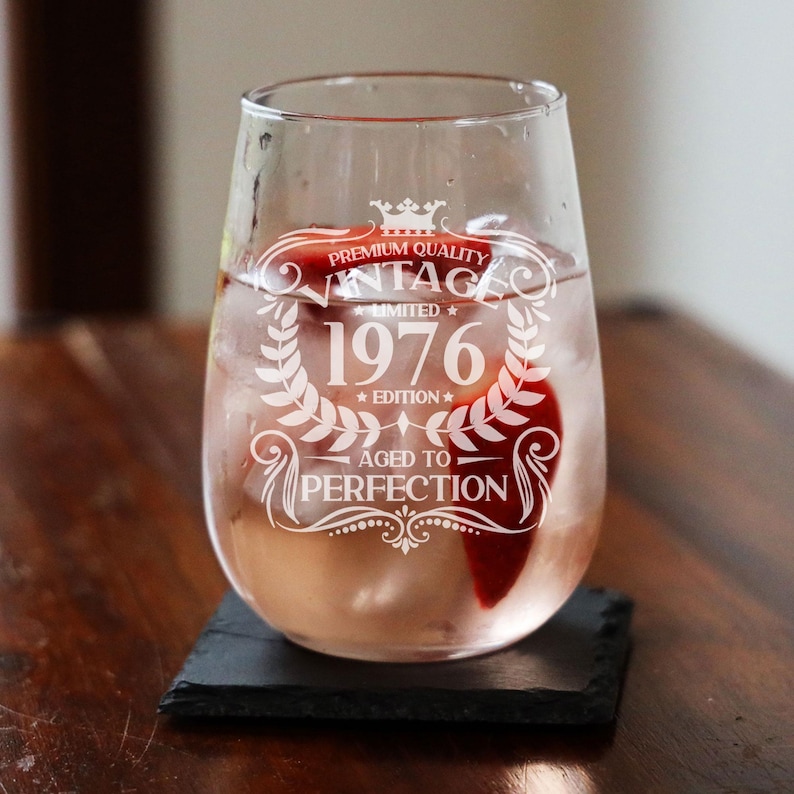 Vintage 1976 Engraved Stemless Gin Glass and/or Coaster Personalised 50th Birthday Gift Aged to Perfection – Gift for Her 50 Year Old Gifts immagine 8