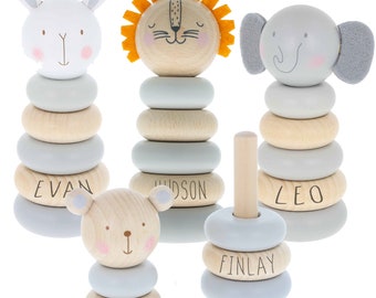 Anillos de apilamiento de madera personalizados Juguete para bebés / León de madera apilador, Peluche elefante o Juguete conejito / Regalo de bautizo de cumpleaños del bebé / Montessori