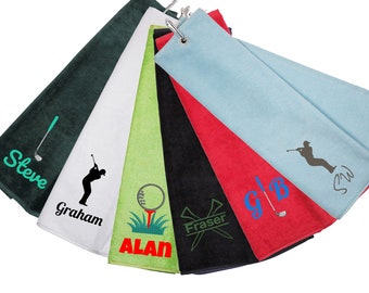 Personalised Tri Fold Golf Towel with Name | Luxury Velour 50cm x 40cm | Custom Towel with Carabiner Clip | Golfer Gift Personalised