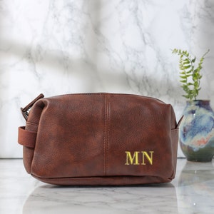 Personalised Men&#39;s Embroidered Washbag Nu Hide Toiletry Bag | Vegan Faux | Travel Bag option to add facecloth | Birthday Gifts for Him