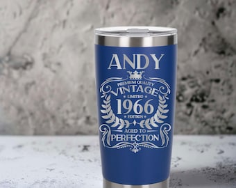 60th Birthday Gift Vintage 1966 Engraved Insulated Travel Mug Thermal Coffee Metal Flask with Lid Aged to Perfection Present for 60 Year Old