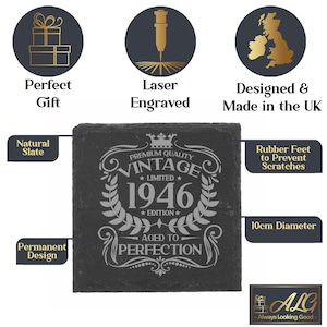 May include: A square natural slate coaster featuring a laser-engraved design with the text VINTAGE 1946 LIMITED EDITION AGED TO PERFECTION. The coaster includes rubber feet to prevent scratches and measures 10cm in diameter. The design is permanent.