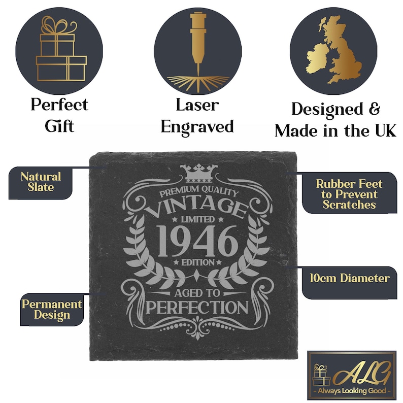 May include: A square natural slate coaster featuring a laser-engraved design with the text VINTAGE 1946 LIMITED EDITION AGED TO PERFECTION. The coaster includes rubber feet to prevent scratches and measures 10cm in diameter. The design is permanent.