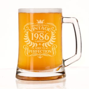 40th Birthday Vintage 1986 Engraved Beer Stein Glass Tankard Mug Aged to Perfection Personalised 40 Year Old Gifts Beer Glass With Handle image 3