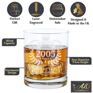 Personalised Vintage 2005 Engraved Whiskey Glass - 21st Birthday Aged to Perfection – 21 Year Old Gifts Bourbon Scotch Whisky Tumbler Glass Whisky Glass Only