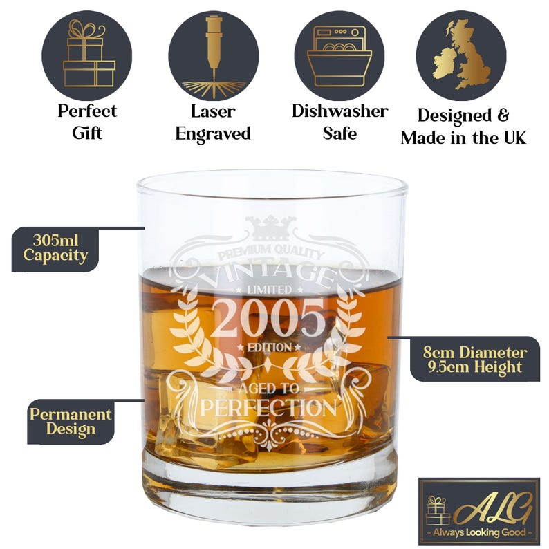 Personalised Vintage 2005 Engraved Whiskey Glass - 21st Birthday Aged to Perfection – 21 Year Old Gifts Bourbon Scotch Whisky Tumbler Glass Whisky Glass Only