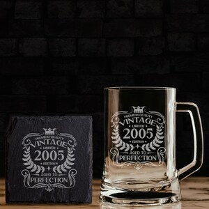 Personalised 21st Birthday Engraved Beer Stein Glass for Him Vintage 2005 Tankard Mug Aged to Perfection – 21 Year Old Gifts Glass & Handle image 4