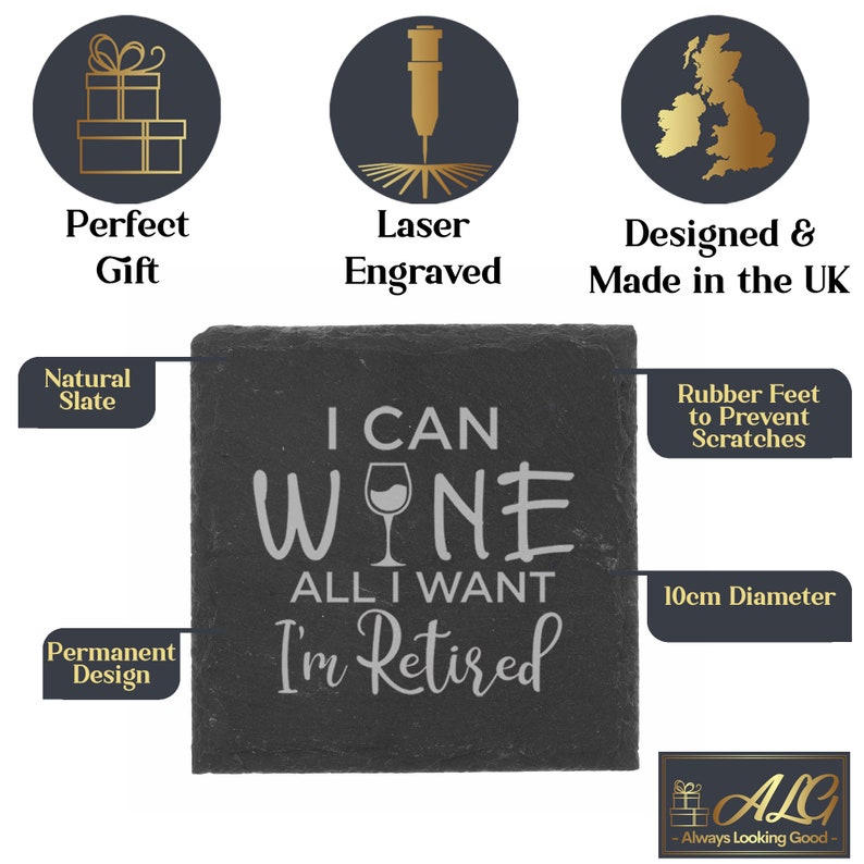 Engraved Retirement Wine Glass Gift Tallo Wine Glass Funny Retirement Gift Retired Leaving Gift for Women or Men Novelty Wine Glass Square Coaster Only