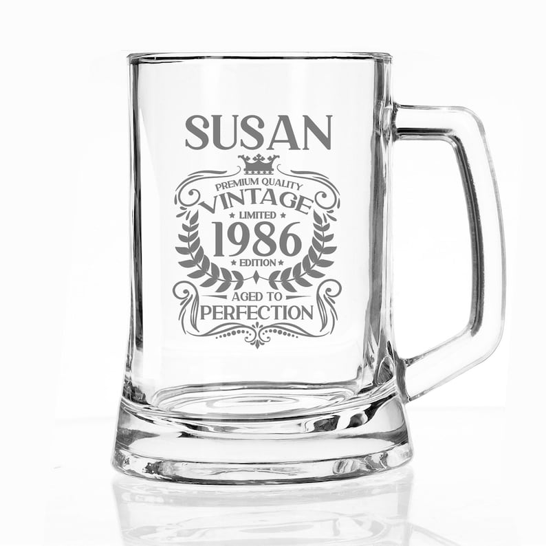40th Birthday Vintage 1986 Engraved Beer Stein Glass Tankard Mug Aged to Perfection Personalised 40 Year Old Gifts Beer Glass With Handle image 18