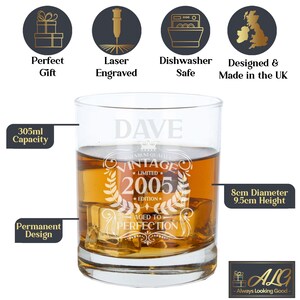 Personalised Vintage 2005 Engraved Whiskey Glass - 21st Birthday Aged to Perfection – 21 Year Old Gifts Bourbon Scotch Whisky Tumbler Glass image 20