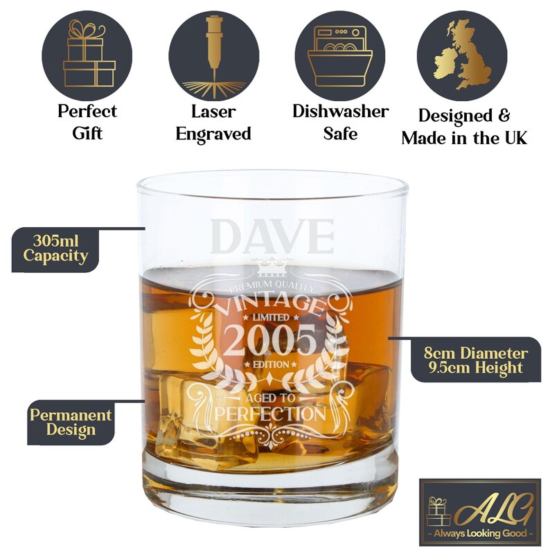 Personalised Vintage 2005 Engraved Whiskey Glass - 21st Birthday Aged to Perfection – 21 Year Old Gifts Bourbon Scotch Whisky Tumbler Glass image 20