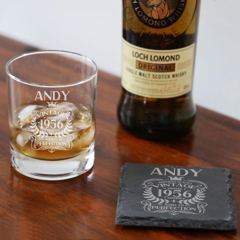 Vintage 1956 Engraved Whiskey Glass - Personalised 70th Birthday Aged to Perfection – 70 Year Gifts Bourbon Scotch Whisky Tumbler or Coaster Glass & Square
