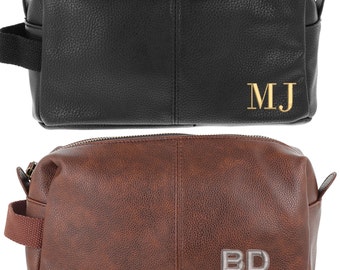 Personalised Embroidered Men's Washbag with Initials | Men's Travel Black Brown Toilet Bag Filled Toiletries, Nu Hide Leather Vegan Faux Bag