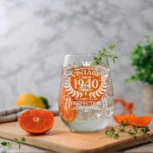 Vintage 1940 Engraved Stemless Gin Glass and/or Coaster 85th Birthday Gift Aged to Perfection – Gin Lovers Gift for Her – 85 Year Old Gifts