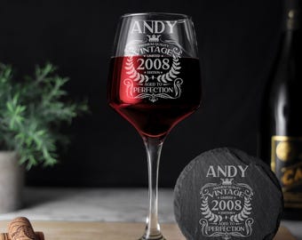 Vintage 2008 Engraved Wine Glass Personalised 18th Birthday Aged to Perfection, 18 Year Old Gifts - Eighteenth Glass &/or  Coaster Set