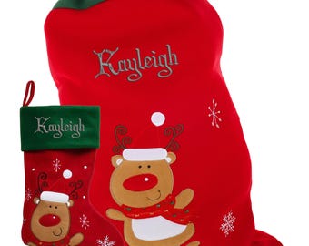 Personalised Red Christmas Santa Stocking or Large Sack