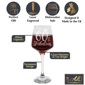 May include: A 60 & Fabulous wine glass with a 6.2 inch diameter and 8.5 inch height. The glass is made of clear glass and has a permanent design. It is dishwasher safe and laser engraved.