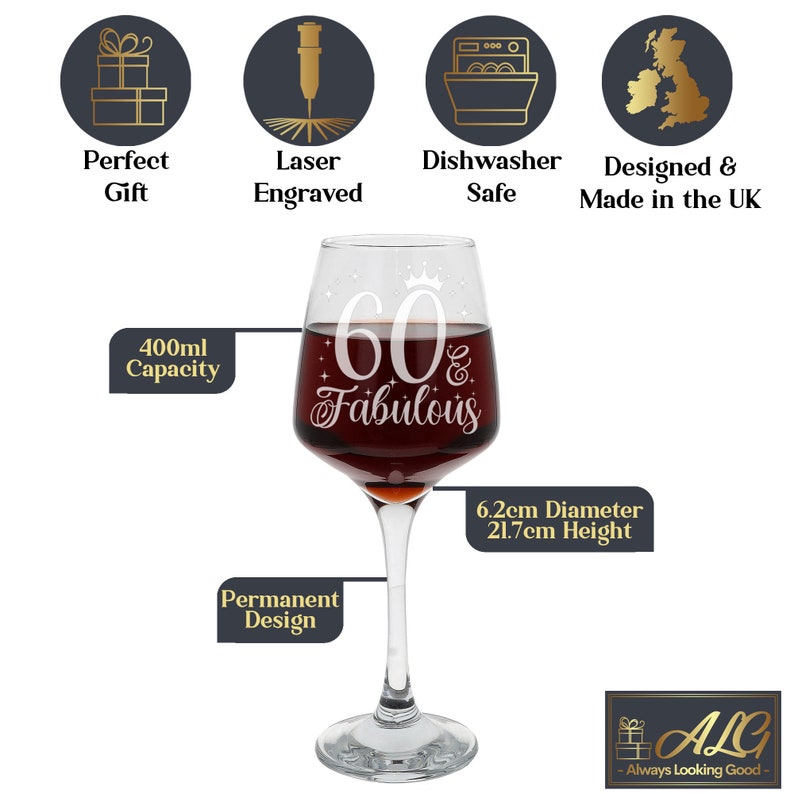 May include: A 60 & Fabulous wine glass with a 6.2 inch diameter and 8.5 inch height. The glass is made of clear glass and has a permanent design. It is dishwasher safe and laser engraved.