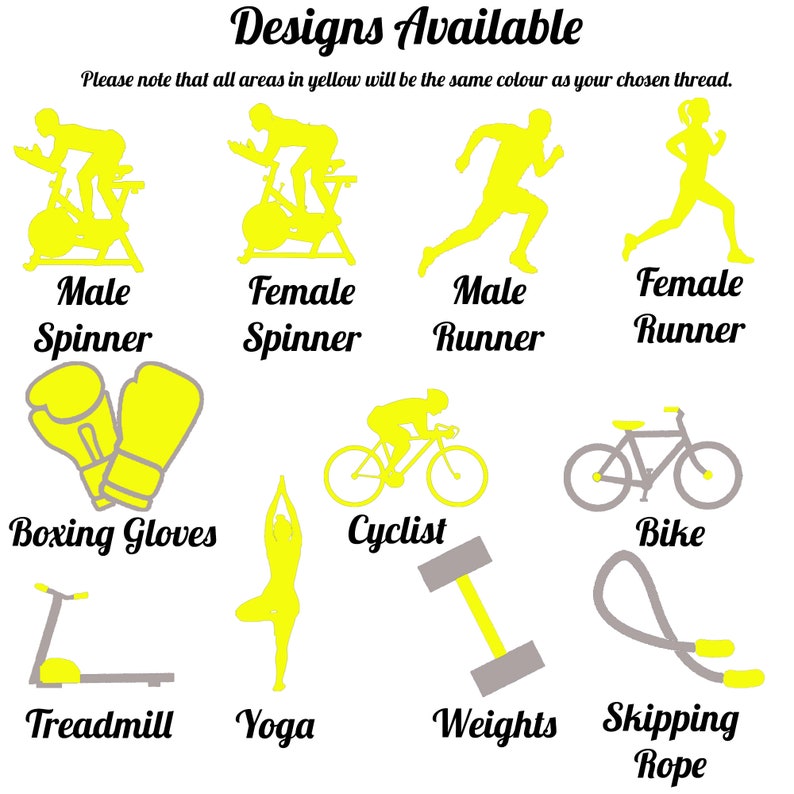 Puede incluir: Un gr&aacute;fico que muestra 10 dise&ntilde;os de fitness diferentes. Los dise&ntilde;os incluyen un hombre y una mujer en una bicicleta est&aacute;tica, un hombre y una mujer corriendo, guantes de boxeo, un ciclista, una bicicleta, una cinta de correr, una postura de yoga, pesas y una cuerda para saltar. Los dise&ntilde;os son todos en amarillo y gris.