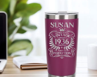 Personalised 90th Birthday Gift Vintage 1936 Engraved Insulated Travel Mug Thermal Coffee Metal Flask with Lid 90 Aged to Perfection Present