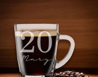 Personalised 20 and Signature Name 20th Birthday Gift, Glass Coffee Mug Keepsake, Coffee Mug For Tea And Coffee