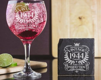 Vintage 1944 Engraved Gin Glass and/or Coaster 80th Birthday Gift Aged to Perfection – Gin Lovers – 80 Year Old Gifts – Balloon Gin Glass