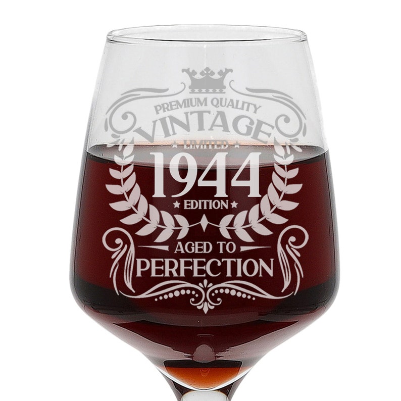 Vintage 1944 Engraved Wine Glass 80th Birthday Aged to Perfection 80 Year Old Gifts Red White Rose Glass & Coaster Set zdjęcie 3