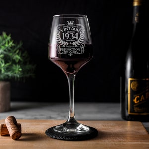 Vintage 1934 Engraved Wine Glass - 90th Birthday Aged to Perfection –90 Year Old Gifts Red White Rose Glass & Coaster Set