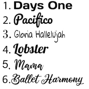 Puede incluir: Una lista de seis nombres de fuentes diferentes, cada uno con un n&uacute;mero al lado. Las fuentes son: Days One, Pacifico, Gloria Hallelujah, Lobster, Mama y Ballet Harmony.