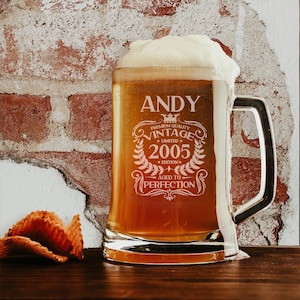 Personalised 21st Birthday Engraved Beer Stein Glass for Him Vintage 2005 Tankard Mug Aged to Perfection – 21 Year Old Gifts Glass & Handle image 1