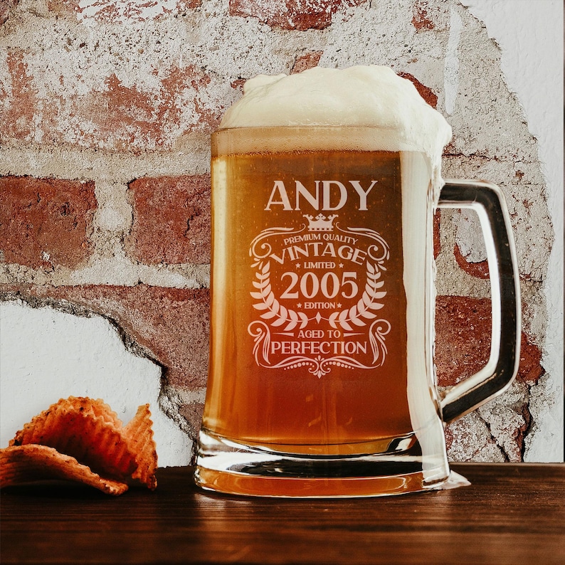 Personalised 21st Birthday Engraved Beer Stein Glass for Him Vintage 2005 Tankard Mug Aged to Perfection – 21 Year Old Gifts Glass & Handle image 1