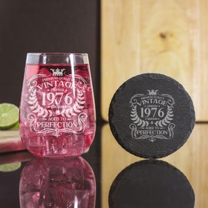 Vintage 1976 Engraved Stemless Gin Glass and/or Coaster Personalised 50th Birthday Gift Aged to Perfection – Gift for Her 50 Year Old Gifts Glass & Round