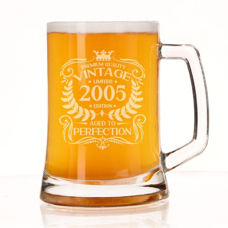 Personalised 21st Birthday Engraved Beer Stein Glass for Him Vintage 2005 Tankard Mug Aged to Perfection – 21 Year Old Gifts Glass & Handle image 5