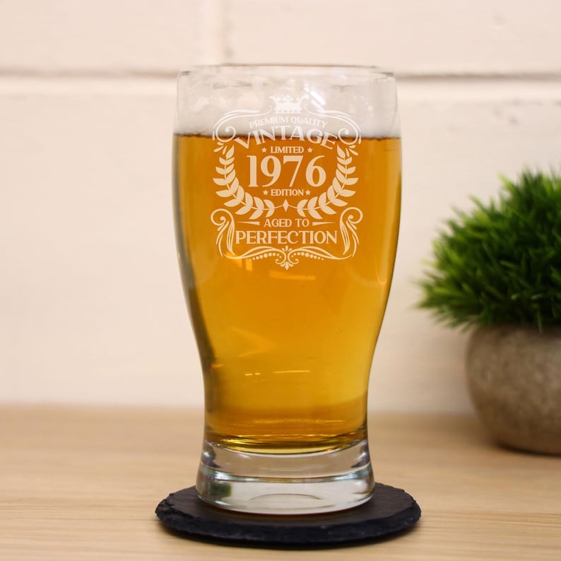 Vintage 1976 Engraved Beer Pint Glass - Personalised 50th Birthday Gift – 50 Year Old Aged to Perfection Beer Cider Lager Tulip Pint Glass image 14