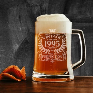 Vintage 1995 Engraved Beer Stein Tankard Glass Mug 30th Birthday Aged to Perfection – 30 Year Old Gifts Beer Glass With Handle & Coaster Set