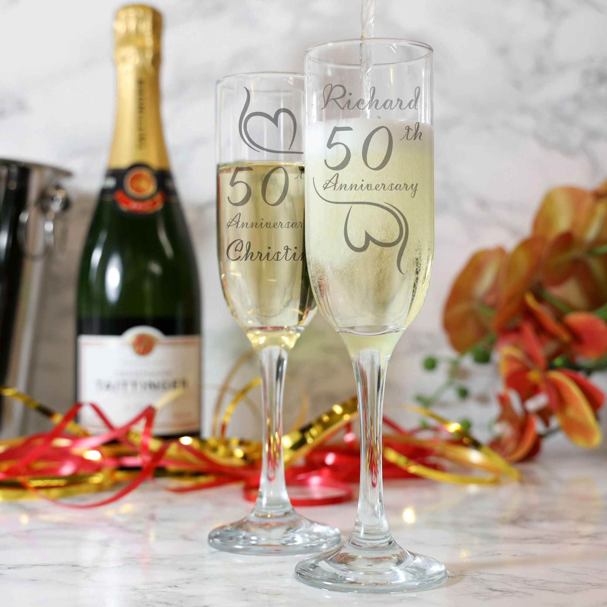 2 Champagne Flute Anniversary Gift Set - Design: A1