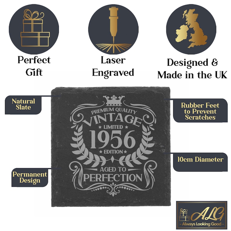 Vintage 1956 Engraved Whiskey Glass - Personalised 70th Birthday Aged to Perfection – 70 Year Gifts Bourbon Scotch Whisky Tumbler or Coaster image 4