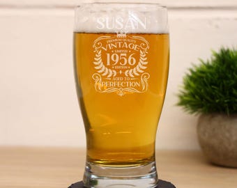 70th Birthday Vintage 1956 Engraved Beer Pint Glass - Aged to Perfection – 70 Year Old Gifts Beer Cider Lager Tulip Pint Glass & Coaster Set