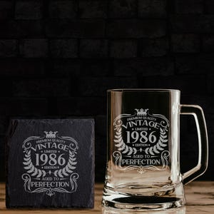 40th Birthday Vintage 1986 Engraved Beer Stein Glass Tankard Mug Aged to Perfection Personalised 40 Year Old Gifts Beer Glass With Handle Glass & Square