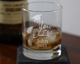 Personalised Engraved Graduation Whisky Glass |Graduation Gift YOU DID IT & Name Etched on Whisky Glass | Celebration Gifts |Uni Graduation