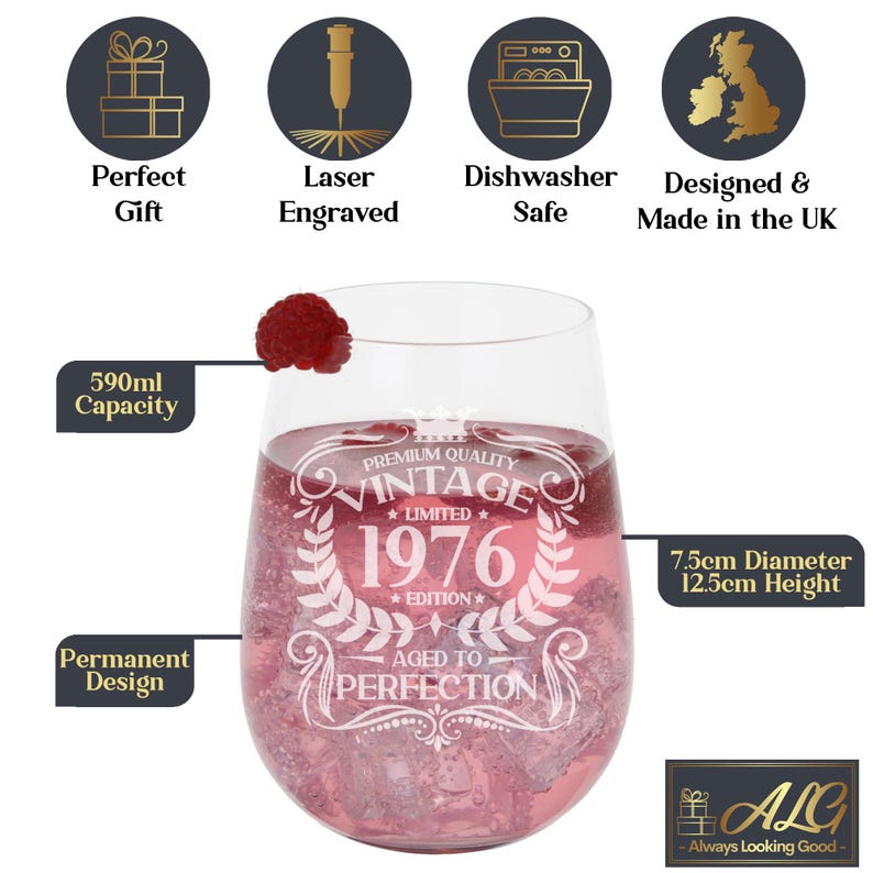 Vintage 1976 Engraved Stemless Gin Glass and/or Coaster Personalised 50th Birthday Gift Aged to Perfection – Gift for Her 50 Year Old Gifts immagine 10