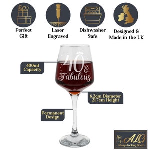 May include: A clear glass wine glass with a 40 & Fabulous design etched on the side. The glass is filled with red wine and has a 6.2 cm diameter and 21.7 cm height.