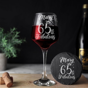 65 and Fabulous Engraved Wine Glass – 65th Birthday Glass – Gifts for 65 Year Old – 65th Birthday Red White Rose Wine Glass and Coaster Set