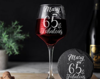 65 and Fabulous Engraved Wine Glass – 65th Birthday Glass – Gifts for 65 Year Old – 65th Birthday Red White Rose Wine Glass and Coaster Set