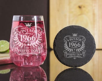 Vintage 1966 Engraved Stemless Gin Glass and/or Coaster Personalised 60th Birthday Gift Aged to Perfection – Gin Lovers Gift for Her or Him