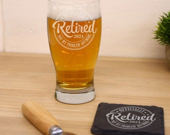 Officially Retired Engraved Retirement Beer Glass Gift | Beer Pint Glass | Funny Retirement Gift | Retired Leaving Gift for Women or Men